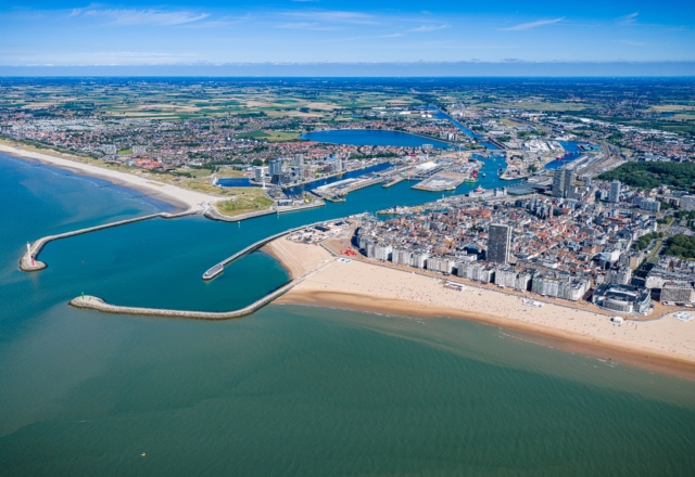 Aerial,View,Of,The,City,Of,Ostende,Belgium,And,Its